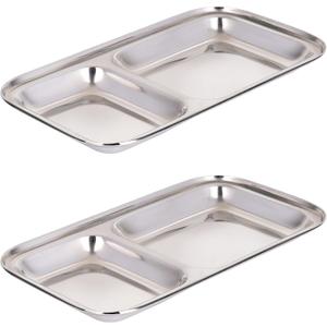 Stainless Steel Dinner Plates, 2 Pack, Small Appetizer Two Compartment divided Kids plates, Toddler Plates, Rectangular dishes, Non Toxic Metal Camping Trays, Dip Platter