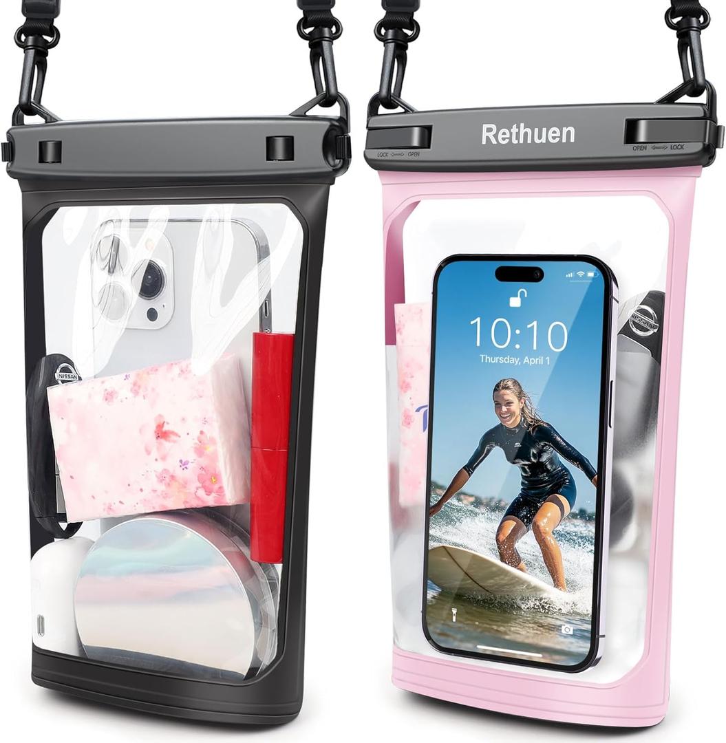 Large Floating Waterproof Phone Pouch, 2Pack Cell Phone Dry Bag for iPhone 17 16 15 14 13 Pro Max Galaxy S24 S23 S22 All Phones, Float Water Proof Bag for Beach Water Park (Black + Pink)