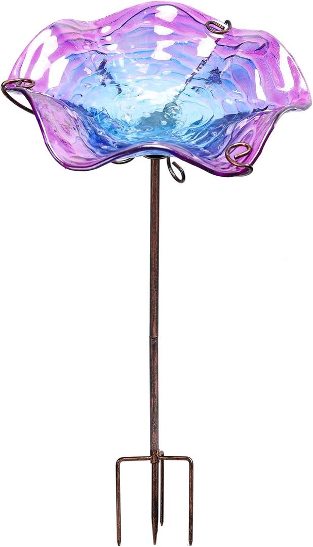 DREAM GARDEN Glass Bird Bath for Outdoors, Garden Birdbaths Birdfeeder with Metal Stake for Outside Yard Lawn, Purple