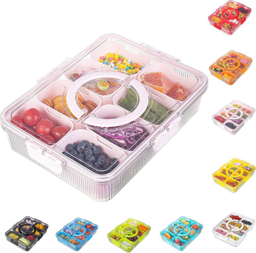 Patent Design Ribbed Snackle Box Container Divided Serving Tray with Lid and Handle -Charcuterie Container Portable Storage Organizer for Candy, Fruit, Beach, Picnics1 pcs, Pink