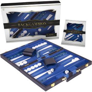 Premium Backgammon 15 Inches Medium Blue - Backgammon Sets for Adults and Kids - Leatherette Back Gammon Board Game Set - Travel Backgammon Set Board Encased with Accessories