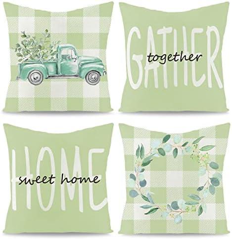 WATINC 4Pcs Spring Summer Pillow Covers Eucalyptus Leaves Garland Truck Cushion Cases Linen Cloth Sweet Home Together Gather Plaid Pillowcase Decoration Farmhouse for Sofa Home Car Couch 18 x 18 Inch
