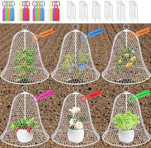 OZMI Garden Chicken Wire Cloches for Plants Protectors from Animals 16" D x 12" H 6 Pcs Rustproof Plant Cages for Outdoor Vegetable Flowers Garden Large Assemble-able Metal Cloches （White）