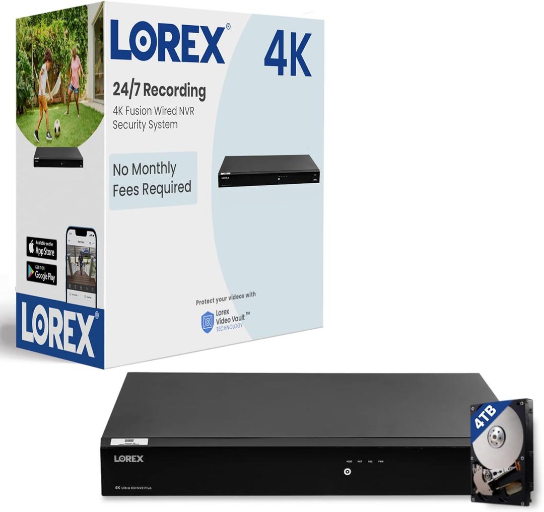 Lorex 4K 16 Camera Capable (Wired/Fusion WiFi) 4TB NVR System - Wired + Wireless Connectivity Capability, Remote Viewing, Local Storage & No Fees  Added Protection to Lorex Security Cameras