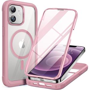 Miracase Glass Series Designed for iPhone 12/12 Pro 6.1 Inch, Upgrade Full-Body Magnetic Case with Built-in 9H Tempered Glass Screen Protector, with Camera Lens Protector, Magnetic Pink