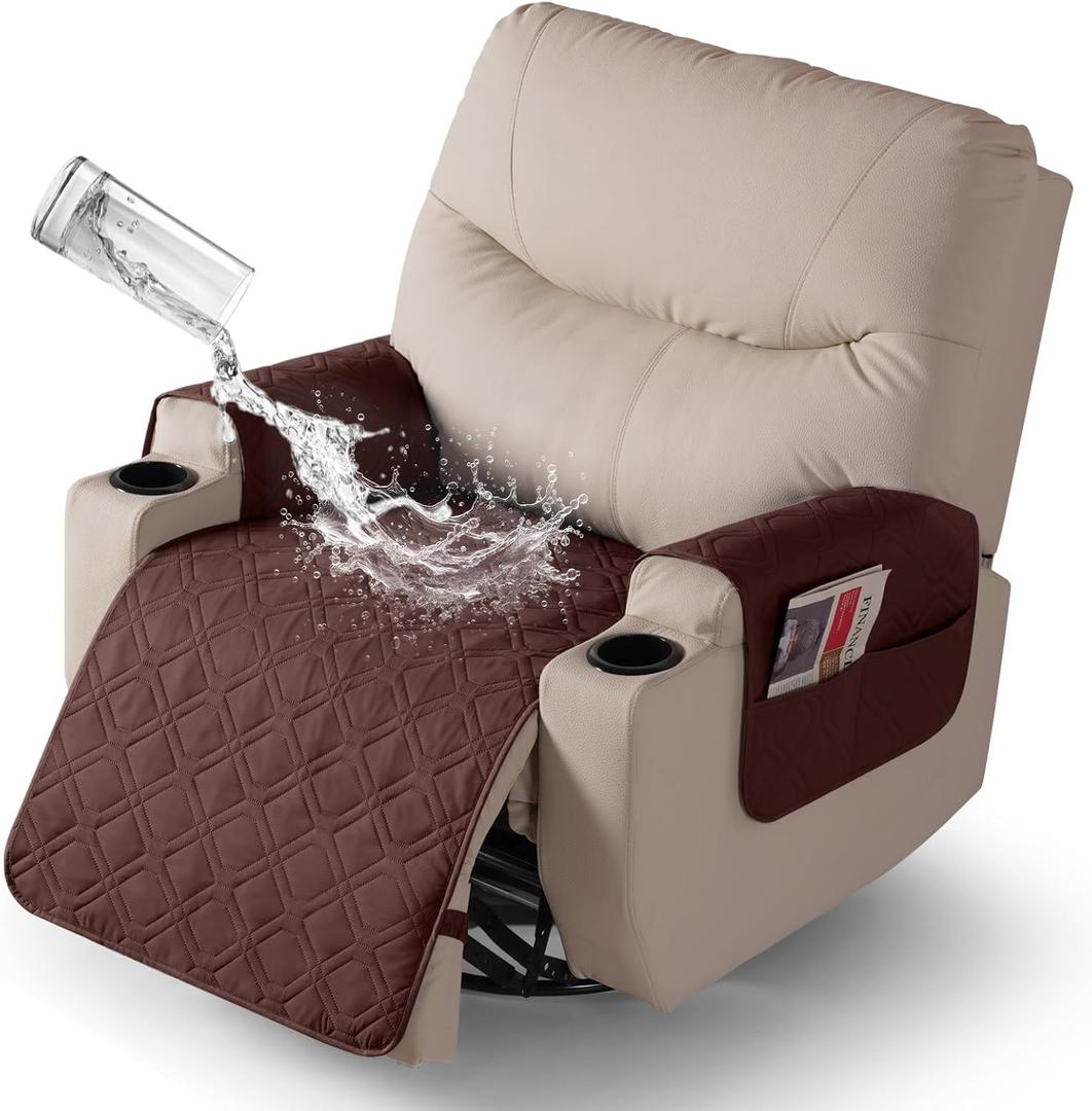 VANSOFY Recliner Chair Covers 100% Waterproof Seat Cover with Arm Reclining Cover Non-Slip Recliner Chair Covers Furniture Protector Washable Slipcover with Pocket for Pets, Dogs(Coffee, 25")