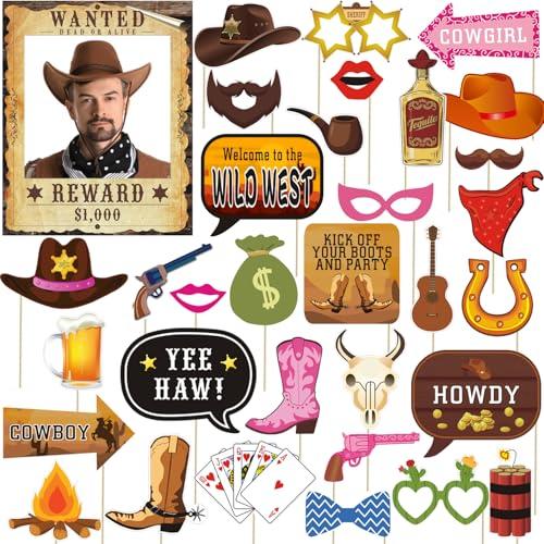 33pcs Western Cowboy Cowgirl Photo Booth Props, Wild West Themed Party Decoration, Texas Theme Props with Wanted Sign for Country Party, Cowgirl Bachelorette Party, Rustic Party, Cowboy Party Supplies