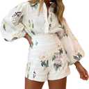 Molilove Womens 2 Piece Outfit Hawaiian Long Sleeve Button Down Shirt and Shorts Tracksuit Lounge Set (Medium, Beige)