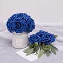 Higfra Artificial Flowers 25pcs Real Looking Royal Blue Foam Fake Roses with Stems for DIY Wedding Bouquets White Bridal Shower Centerpieces Arrangements Mothers Day Party Tables Decorations