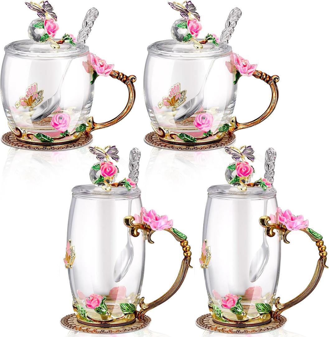 Nuanchu 4 Sets Flower Glass Tea Cups with Lids and Spoon Butterfly Vintage Glass Coffee Mugs Floral Fancy Clear Teacup for Mother Day Women Mom Wife Girlfriend(Pink,11 Oz,12 oz)