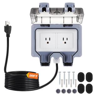 Kanayu 20ft Outdoor Outlet Box with Extension Cord, Dual 15 AMP 5-15 Receptacles Weatherproof Waterproof IP66 Outdoor Exterior Socket with Cover, 14 AWG/3C SJTW Cord
