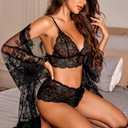 Avidlove Women Sexy Lingerie Set 3 Piece Bra and Panty Sets with Lace Kimono Robe Sleepwear Mesh Nightgown (Black, L)