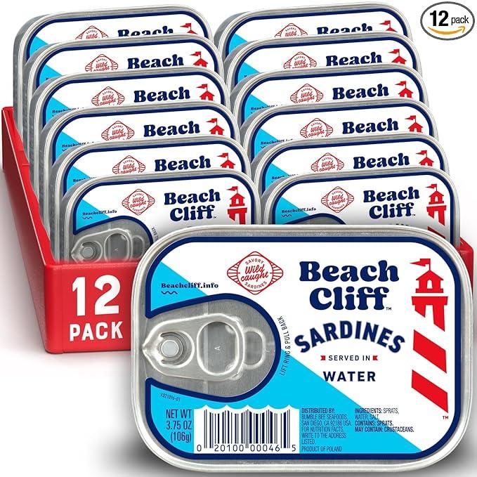 Beach Cliff in Water, 3.75 oz Can (Pack of 12) - Wild Caught Sardines - 12g Protein per Serving - Gluten Free, Keto Friendly, BBD: 04/2029