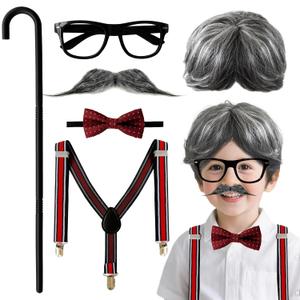 Old Man Costume for Men,Gray Old Man Wig,Grandpa Costume Accessories Set for 100th Day of School Dress-Up,Halloween Cosplay