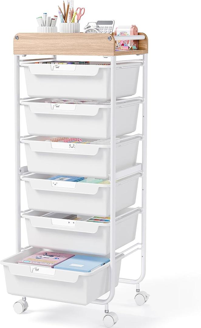 SYKIARIOL 6 Drawer Rolling Cart for Craft Storage,Utility Drawer Cart,White