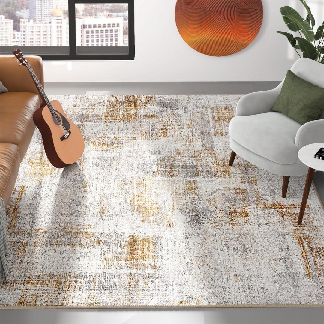 Eleisa Modern Abstract 4x6 Area Rug for Living Room, Gold & Brown, Non-Slip Stain Resistant Washable Rug, Abstract Vintage Home Decor Carpet for Bedroom, Kitchen, Dining Room