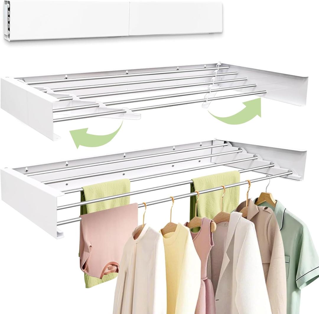 Wall Mounted Drying Rack 31.5'', Foldable Wall Clothes Drying Rack, Space Saving Laundry Drying Rack, Heavy Duty Clothes Drying Rack 5 Rods, Collapsible Clothing Rack for Bathroom Balcony, Large