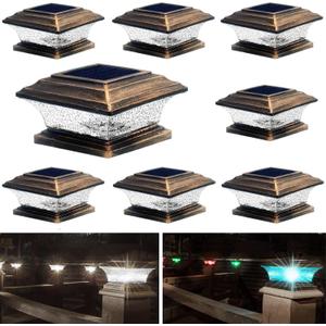 HUYIENO Solar Post Cap Lights Outdoor LED Lighting Deck Fence Light Two Modes Warm White/7 RGB Color Changing Suitable for 4x4 5x5 Wooden Posts (Brushed Copper, 8pk), HY1238