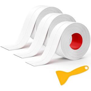 Mokani Caulk Tape Waterproof Self Adhesive, 3 Rolls White Caulking Sealant Strip for Kitchen, Countertop, Bathroom, Bathtub, Toilet Base, Floor Wall Edge Protector with Sealing Tool (1.5" x 10.5Ft)