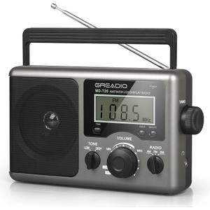 Greadio Portable Shortwave Radio with Best Reception,AM FM Transistor,LCD Display,Time Setting,Battery Operated by 4 D Cell Batteries or AC Power,Big Speaker,Earphone Jack for Gift,Elder,Home