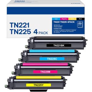 TN221 TN225 Toner Cartridge High Yield Replacement for Brother TN-221 TN-225 Compatible with MFC-9130CW HL-3170CDW MFC-9340cdw (1B, 1C, 1M, 1Y, 4 Pack)