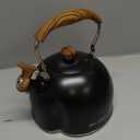 Tea Kettle, BELANKO 85 OZ / 2.5 Liter Whistling Tea Kettle, Tea Pots for Stove Top Food Grade Stainless Steel with Wood Pattern Folding Handle, Loud Whistle Kettle for Tea, Coffee, Milk  Black