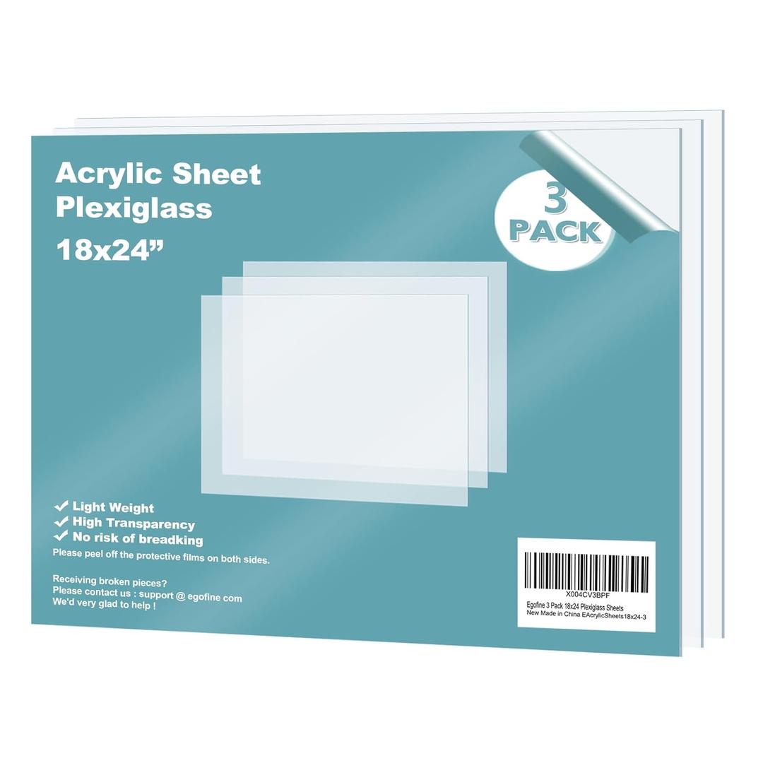 Egofine Plexiglass Sheets Acrylic Sheets 3 Pack of 18x24 0.04 Thick Clear Plastic Cast Transparent Plexi Glass for Crafting Projects, Replacement Picture Frame Glass, DIY Display, Easy to Cut