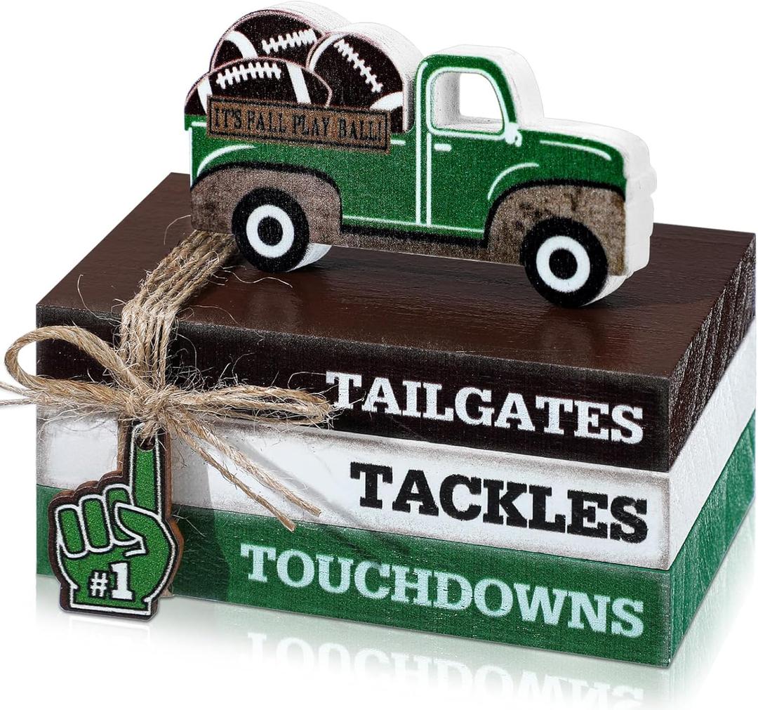 5 Pcs Football Decoration Football Tiered Tray Decor Mini Faux Ball Wooden Book Stack Set Sport Party Decorations Decorative Book Sign for Home Locker Room Table Shelf Desk