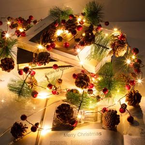 LITAKE 2 PACK Pine Cone Garland with 20 LEDs, Battery Operated Fairy Lights, Red Berries, Xmas Tree Party & New Year Decoration (Clear)