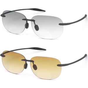 2 Pairs Rimless Bifocal Reading Anti Blue Light UV Sunglasses Far and Near Dual Use Lightweight Eyewear for Men Women, +2.00