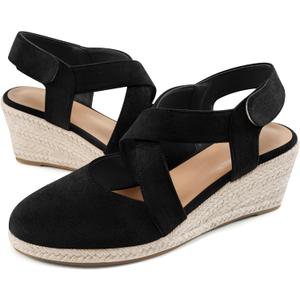 HARENCE Espadrilles Wedge Sandals for Women: Comfortable Closed Toe Ankle Strap Summer Dressy Platform Heels Shoes (8, Black)