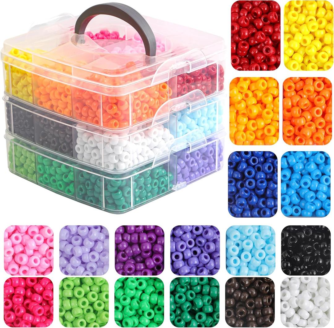 Pony Beads for Bracelets 3600 Pcs Plastic Beads for Friendship Bracelets Necklace 6x9mm 18 Solid Colors