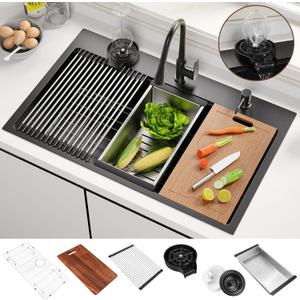 33x22 Inch Kitchen Sink Black Drop In Stainless Steel Kitchen Sinks 16 Gauge Single Bowl Workstation Luxury Top Mount Sink with 6 Accessories Include Glass Rinser (Black)