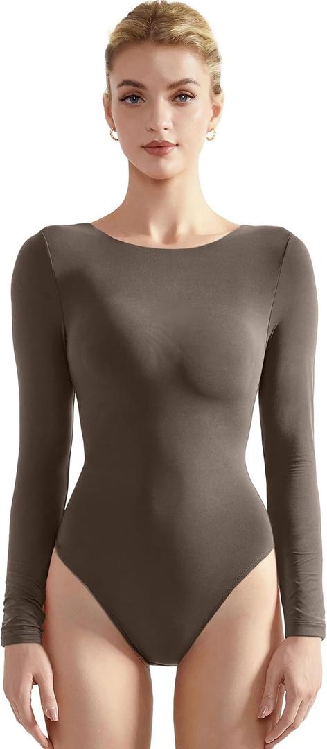 SUUKSESS Women Crew Neck Long Sleeve Bodysuit Sexy Thong Bodysuit Shirts (Medium, 01 Brown)