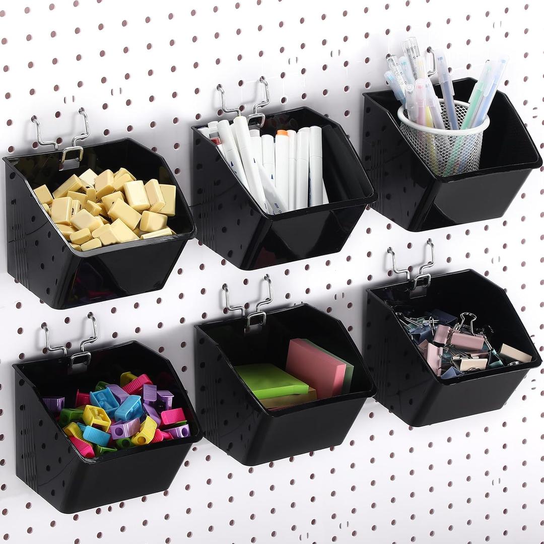 Suzile 6 Pcs Pegboard Bins with Hooks Containers Bins Pegboard Baskets Cups Organizer Accessories for Classroom Office Garage Workshop Craft Storage(Black)