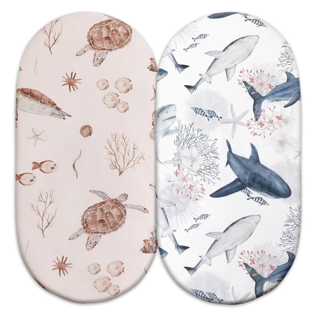 Gllquen Baby Bassinet Sheets Set 2-Pack, Breathable Cozy Bassinet Fitted Sheet Universal Fit Standard Mattress Oval Rectangle Cradle Baby Sheets for Baby Boy Girls Unisex 32"x16" (Sea Turtle)