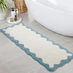 Uphome Bathroom Rug Runner, White Cute Long Bathroom Rug with Blue Irregular Shaped Absorbent Non Slip, 18x47 Machine Washable Soft Shaggy Microfiber Bath Mat for Floor, Tub, Shower