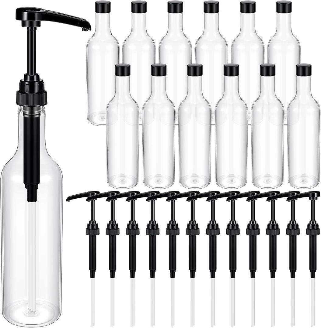 Maxdot 12 Pcs 25 oz Syrup Bottles with Pump Long Neck Bottles Plastic Syrup Pump Dispenser for Coffee Bar Accessories Home Party (Black)