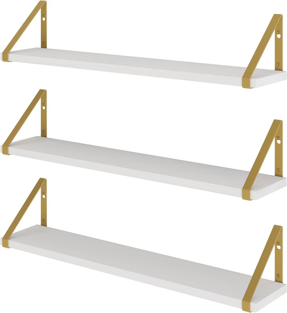 Wallniture Ponza White Floating Wall Shelves with Gold Color Metal Brackets, Living Room, Bedroom, Bathroom, Home Office Decor, Set of 3