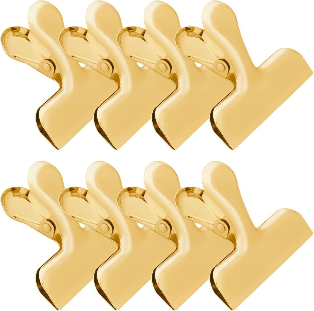 Funfery 8 Pack 3 Inch Stainless Steel Gold Chip Clips Bag Clips Large Clips for Food Packages,Food Clip Kitchen Clips for Snack,Home&Office Clips for Paper,Strong Metal Chip Snack Clips Heavy Duty