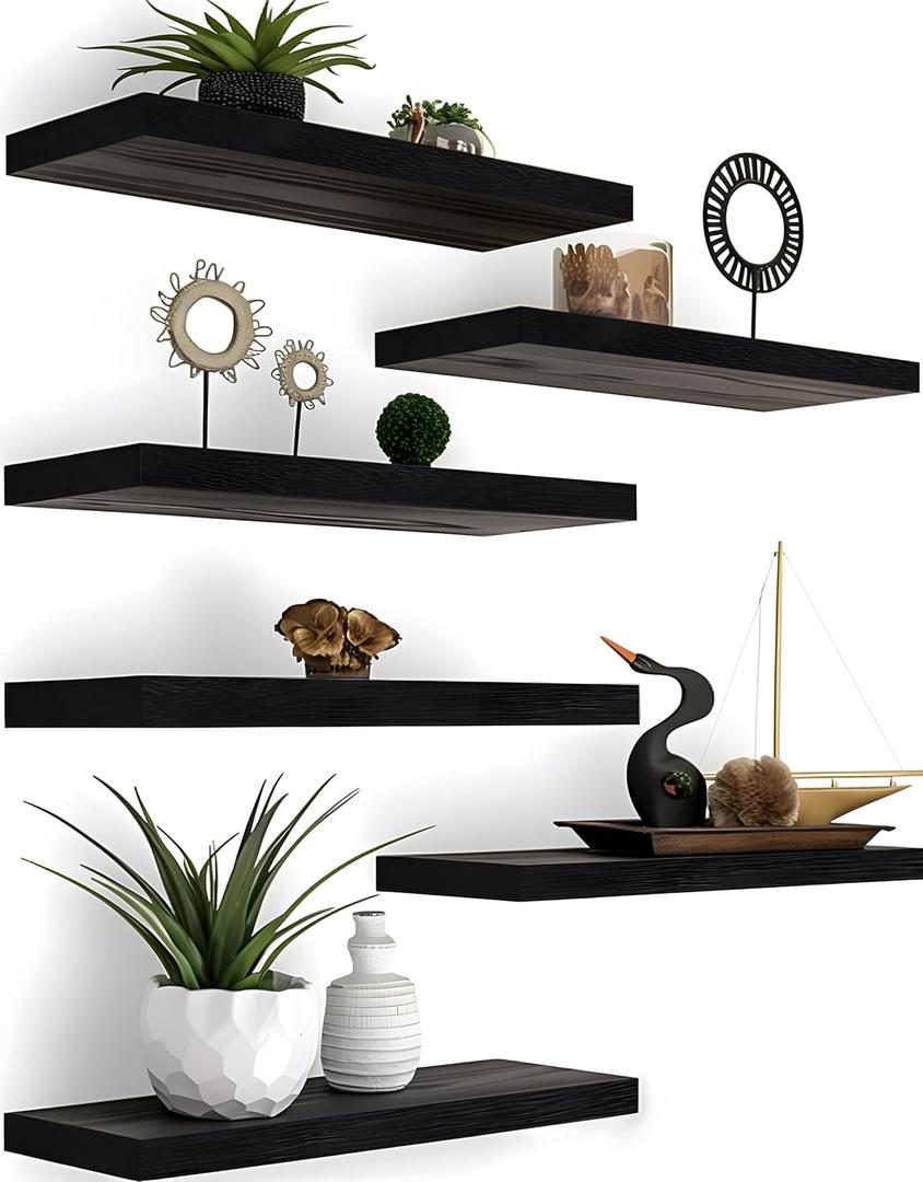 Wood Floating Shelves for Wall Decor, Rustic Wall Shelves for Bedroom Bathroom Kitchen Living Room, Set of 6 Black (17inch)