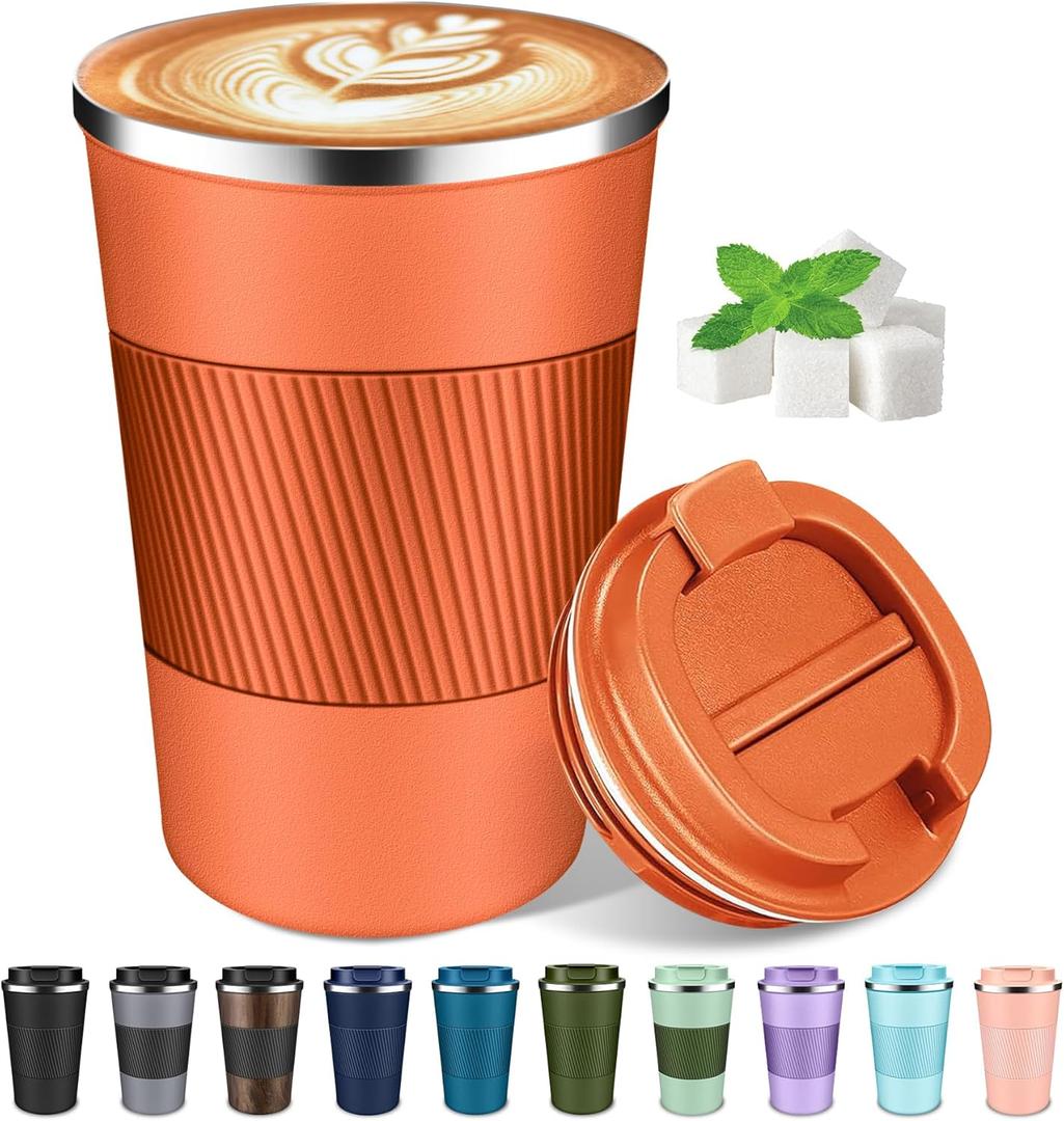 Coffee Travel Mug 12oz Insulated Coffee Mug with Lid Portable Spill-Proof Coffee Mug No Handle Reusable Stainless Steel Cup Keeps Cold and Hot Suitable for Car, Daily, Travel and Gifts (Orange)