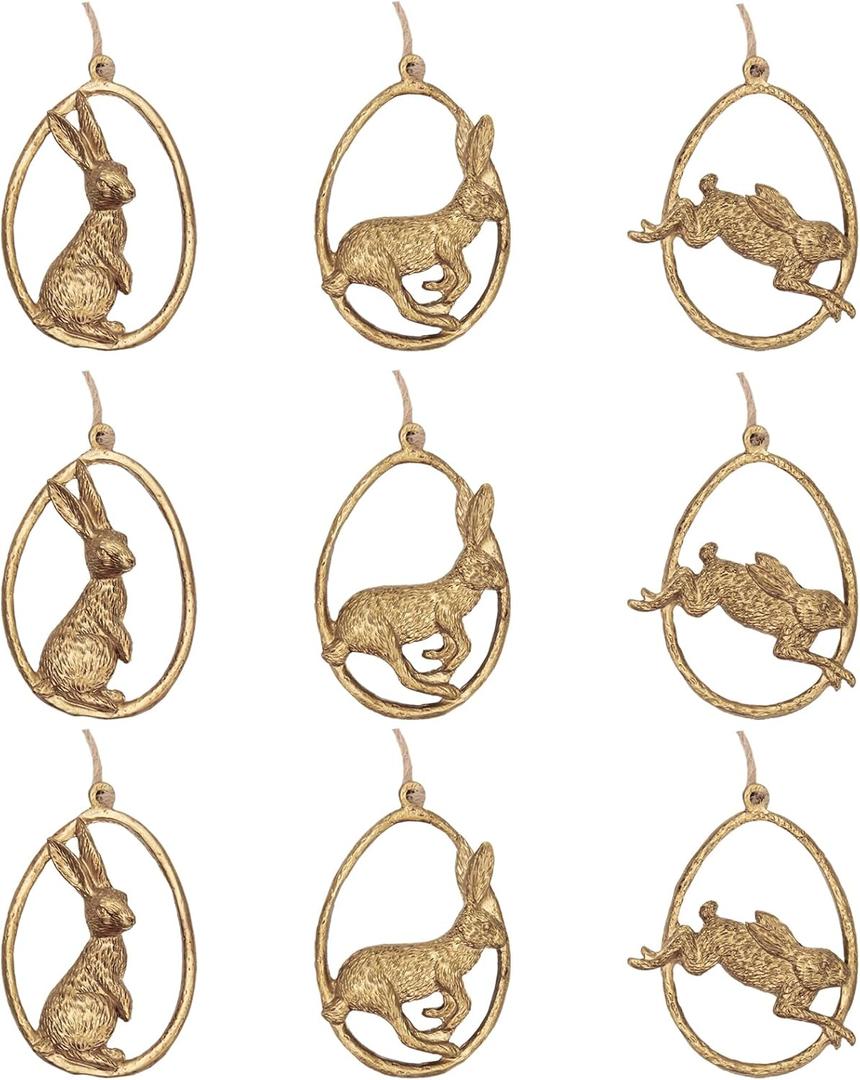 DN DECONATION Easter Hanging Ornaments Set, Vintage Gold Hollow Egg with Bunny in Motion Decor - Luxury Resin Farmhouse Spring Home & Wedding Decorations Set of 9, Easter Tree Gift (Brown Color)
