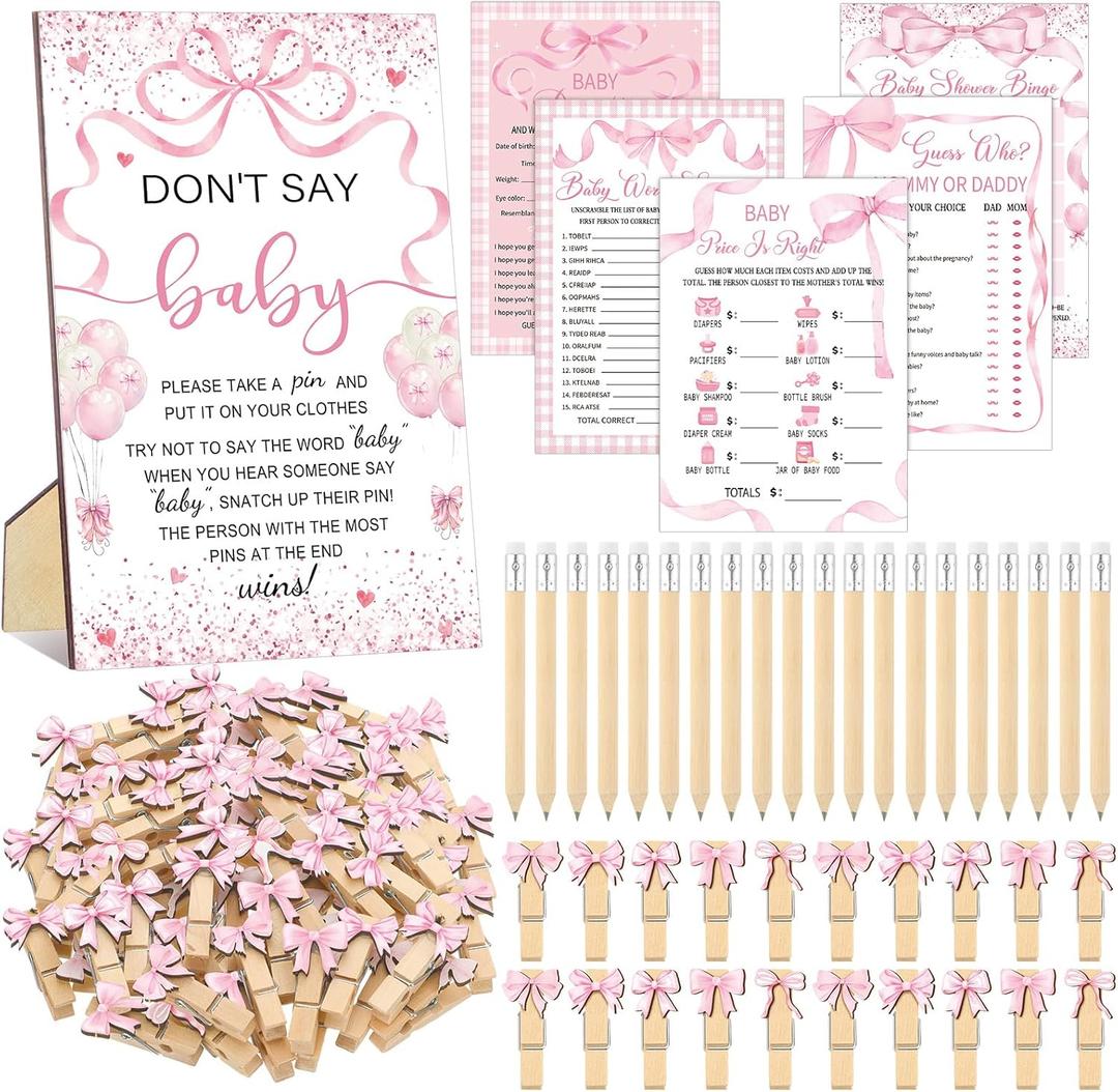 Patelai 321 Pcs Pink Bow Baby Shower Decorations Set 5 Games Include Pink Ribbon Baby Shower Bingo Word Scramble Description The Price Guess Don't Say The Word Sign for Coquette Bow Game Party Decor
