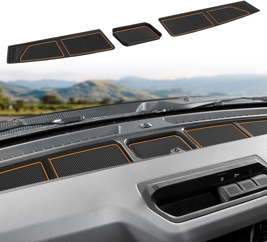 Auovo Dash Cover Tray Compatible with Ford Bronco Accessories 2021 2022 2023 2024 2025 Anti-Slip Silicone Dashboard Compartments Mat fit Bronco 2/4-Door Interior Dash Pad Liners 3-pc Set (Orange Trim)