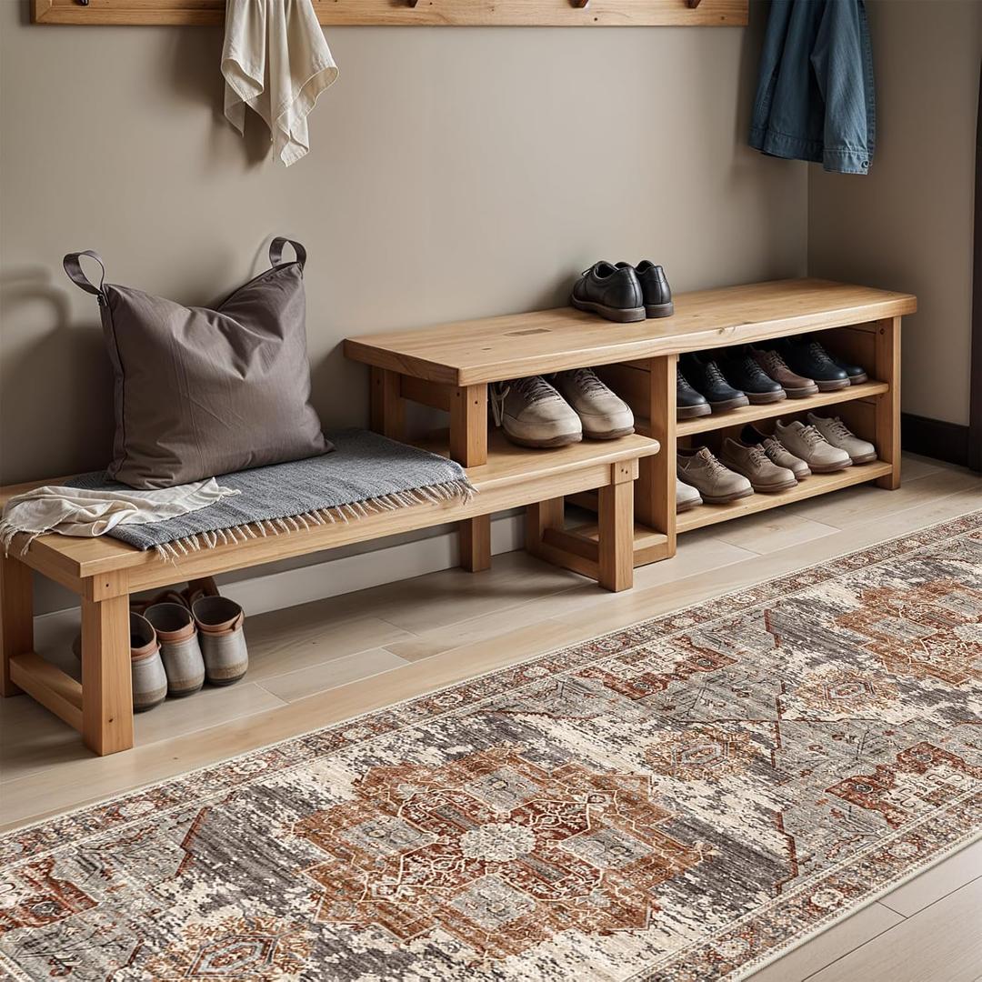 RUUGME Washable 3X8 Runner Rugs - Large Boho Rugs for Living Room Stain Resistant Carpet Vintage Tribal Rugs for Bedroom Kitchen Bathroom Non Slip Backing Home Decor Floor Decoration Mat 3X8 Brick