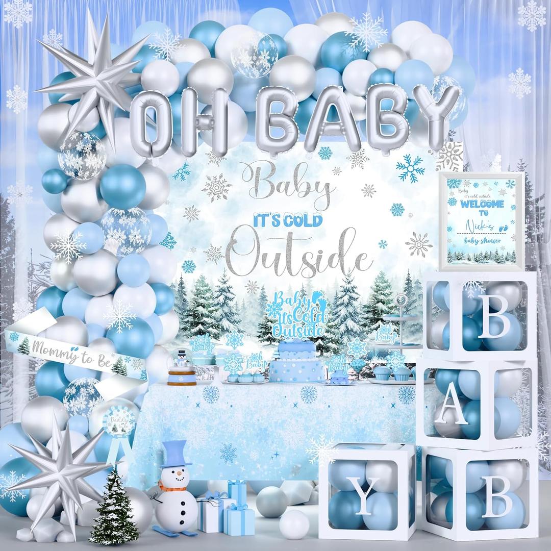 Baby It's Cold Outside Baby Shower Decorations, Blue Winter Snowflake Baby Shower Party Supplies Boy, Winter Wonderland Little Snowflake Is On The Way Balloon Garland Boxe Sash Baby Boy Shower Kit