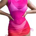 Milumia Women Beach Mesh Mini Dress Ombre Sheer Swimsuit Cover-up Bathing Suit (X-Large, Hot Pink)