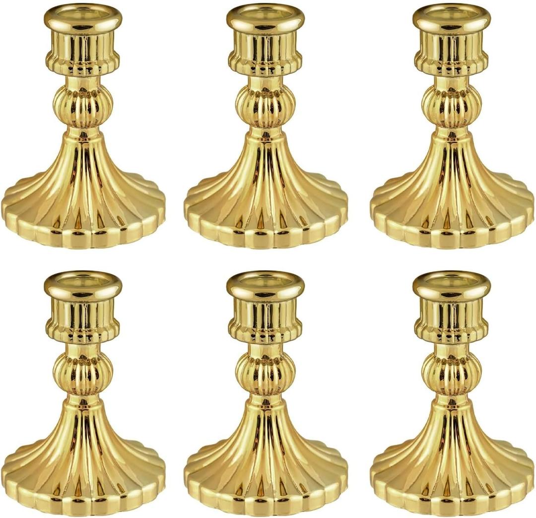 Glass Candlestick Holder,Striped Taper Candle Holders,Set of 6 Candle Stand for Table Centerpieces, Home Decor,Weddings,Festival and Parties (Gold Stripe)
