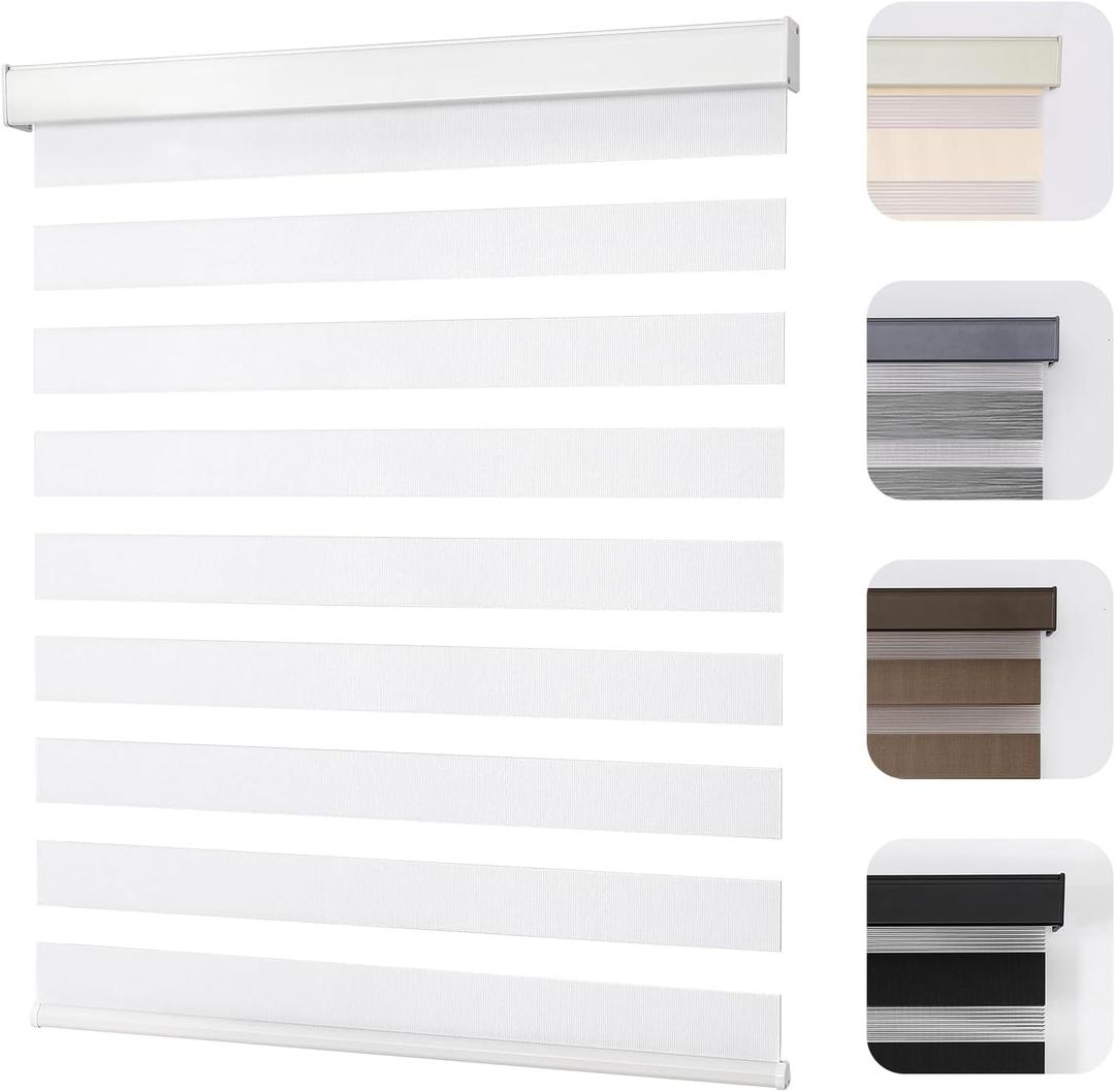 Joydeco Cordless Zebra Blinds for Windows, Dual Layer Light Control Window Blinds with Light-Proof Aluminum Cover, Free-Stop Roller Shades for Home & Office (White, 34.5" W x 75" H)